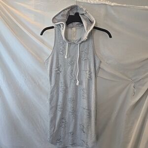May Pink Hooded All-Over Distressed Sleeveless Dress Casual Tunic Gray Y2K